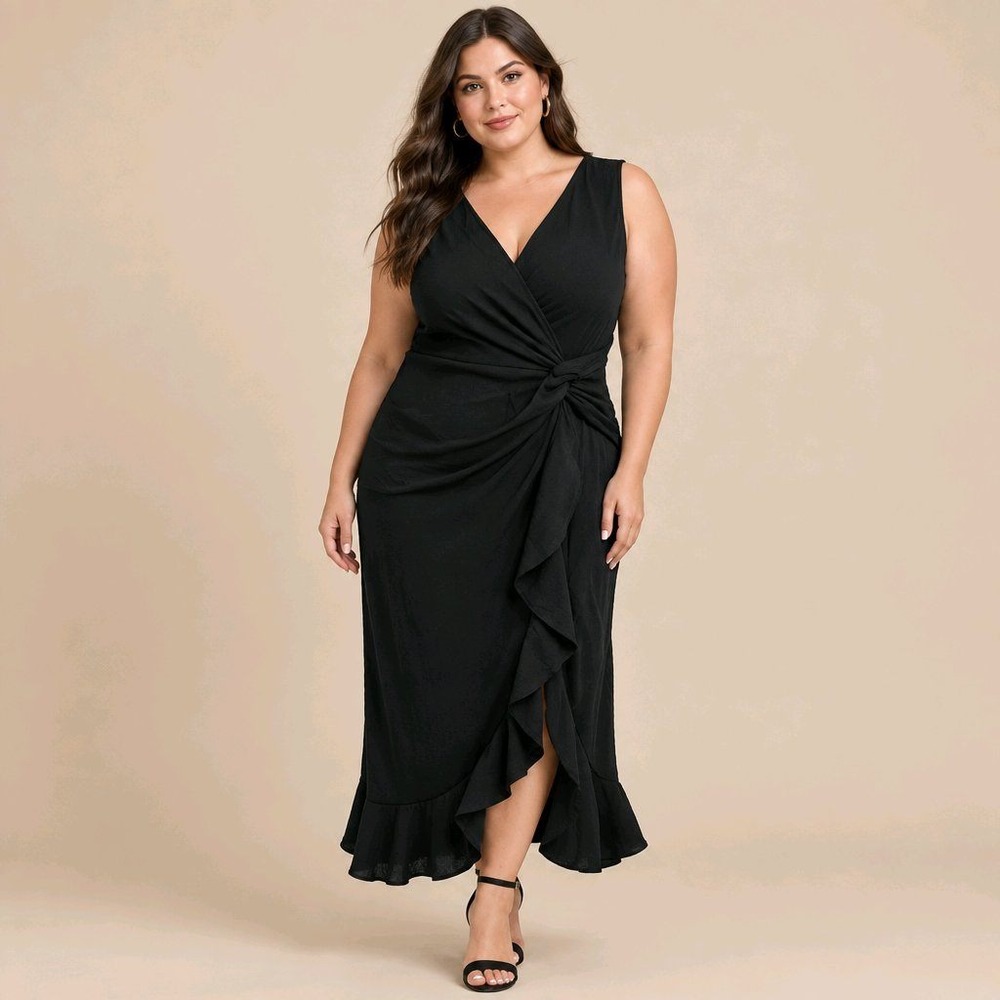 Berylove XL Black Sleeveless Faux Wrap Ruffle Hem Midi Dress
